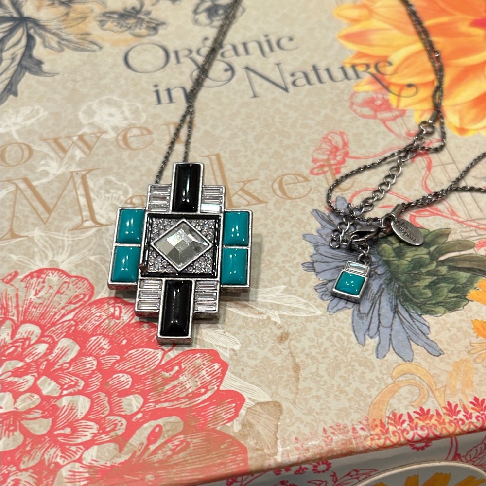 Lia Sophia Black and Silver Necklace with Turquoise Accents
